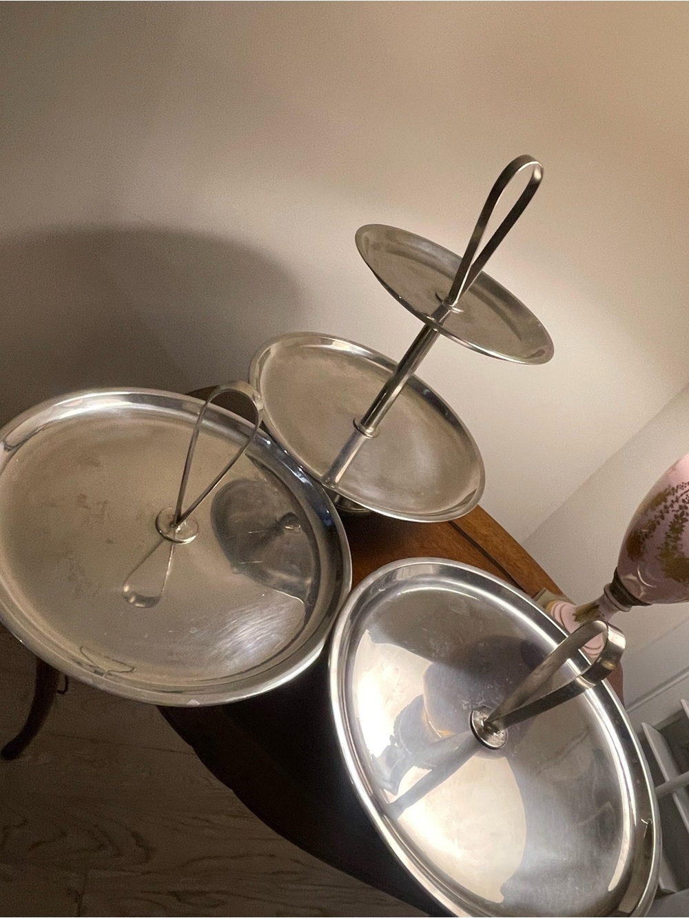Three-Tier Stainless Steel Serving Stand and Two Matching Serving Trays - Silver